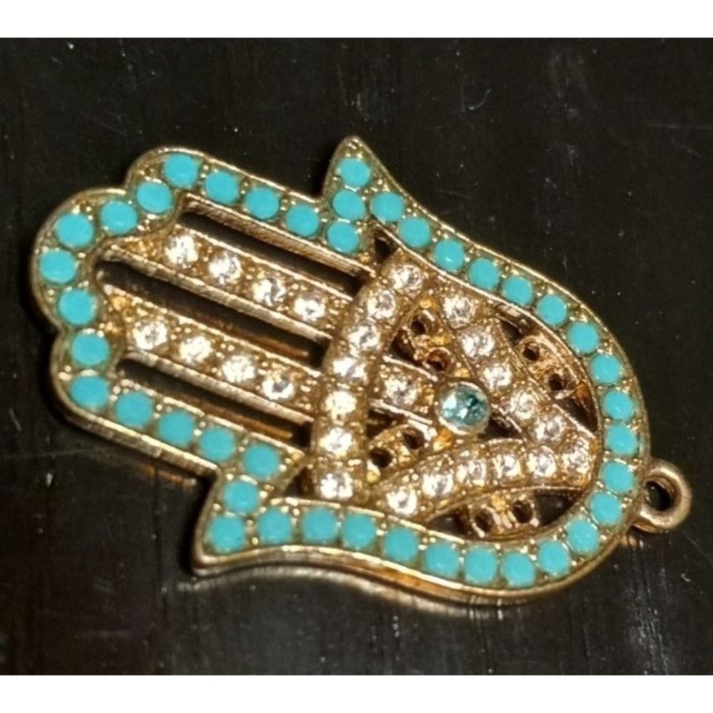Hamsa Hand Evil‎ Eye Gold Tone Blue Clear Rhinestones Beads 1" Pendant Charm
